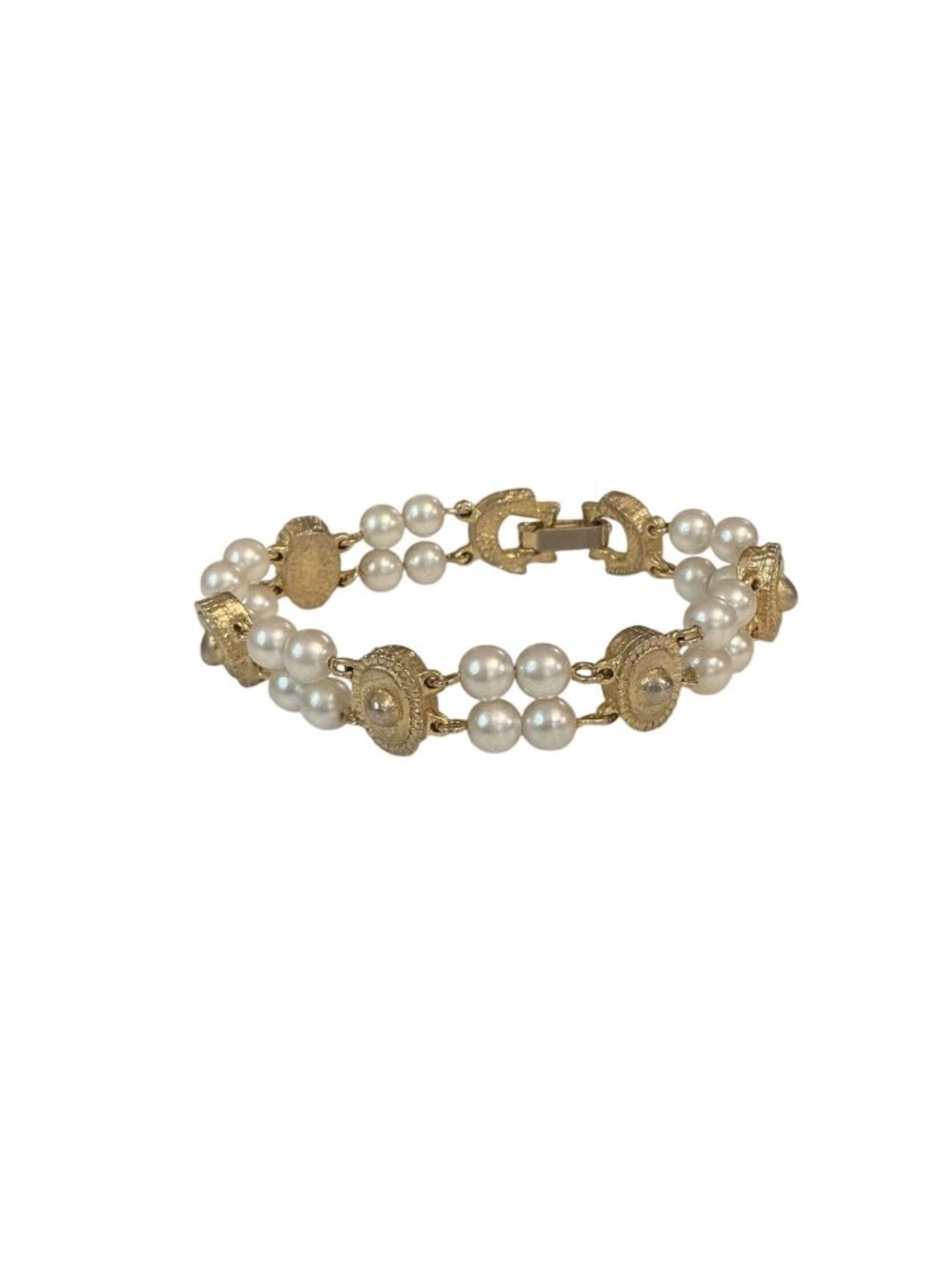 Vintage Gold Tone Faux Pearl Bracelet 7-Inch Double Strand Elegant Design - Picture 5 of 5